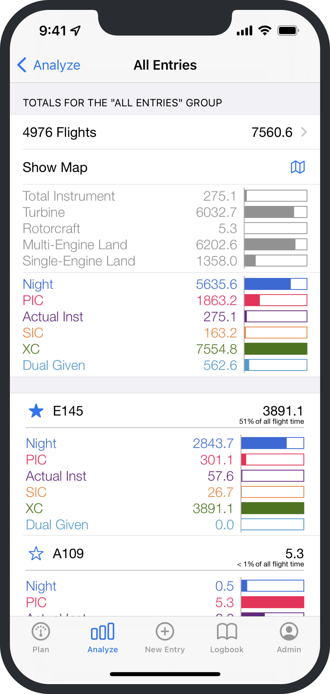 LogTen Pro pilot logbook on iPhone showing analyze view