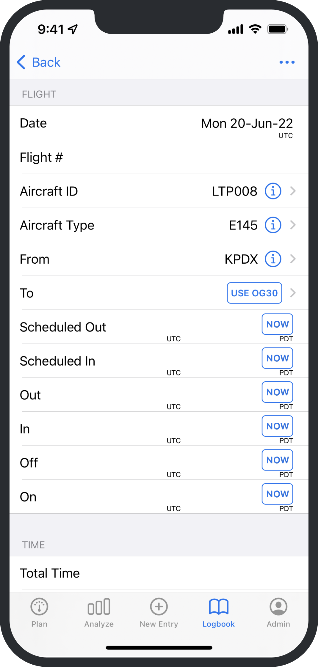 LogTen Pro pilot logbook on iPhone showing our fast Fly Now data entry feature