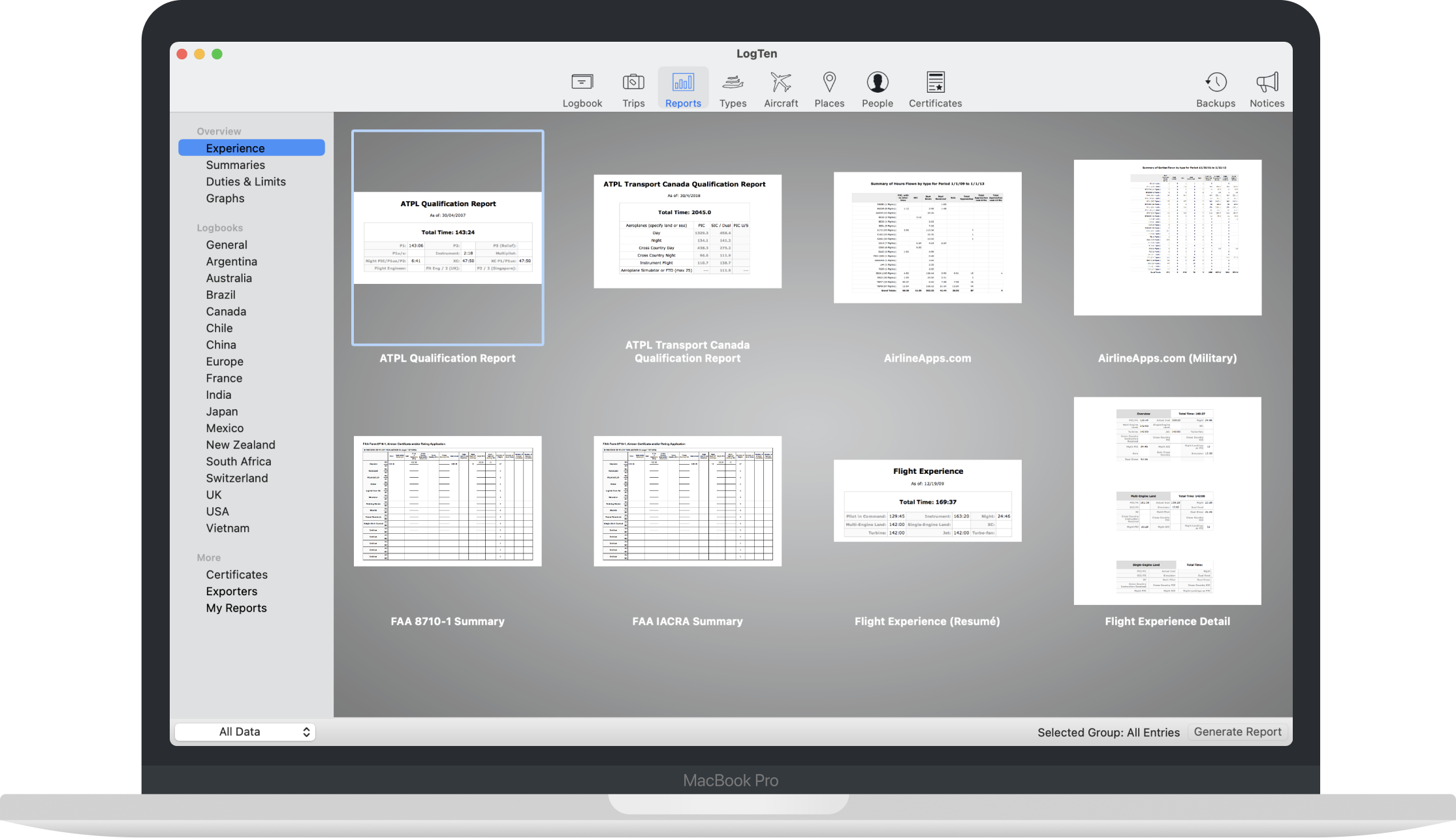 LogTen Pro pilot logbook on Mac showing reports tab