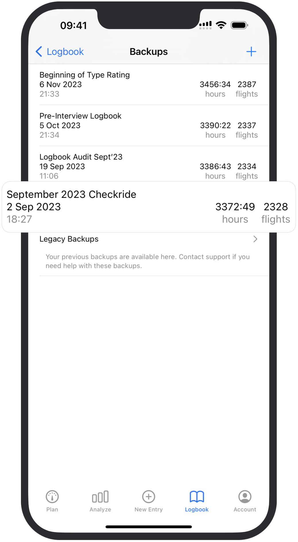 LogTen Pro pilot logbook on iPhone showing backup view